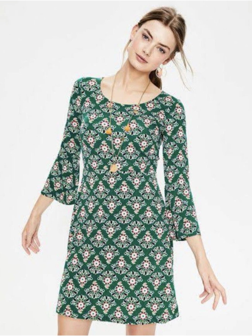 Boden Size 8 Green Floral Miriam Stretch Jersey  Bell Sleeve Tunic Dress